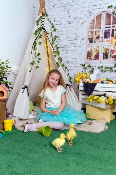 Little girl with ducklings — Stock Photo, Image