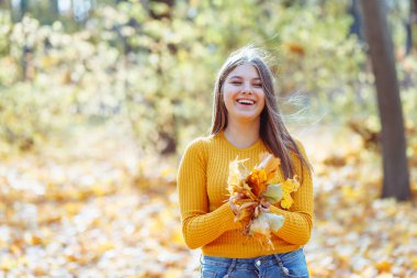 Sonbahar parkında altın yapraklı bir kız güneşli bir sonbahar gününde, Hol