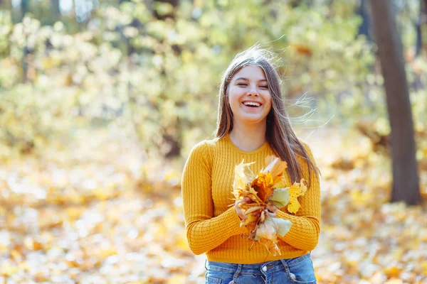 Meisje in het najaar park met gouden bladeren op een zonnige herfstdag, hol — Stockfoto