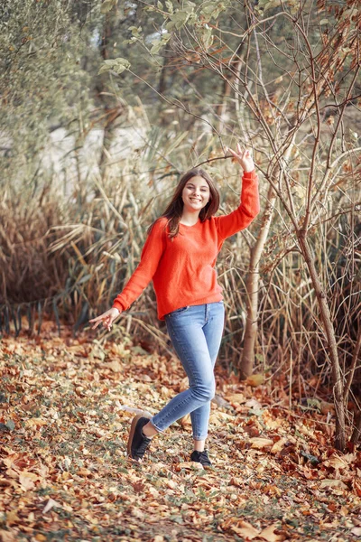 快乐的女孩 在秋季就自然享受生活和自由 — 图库照片