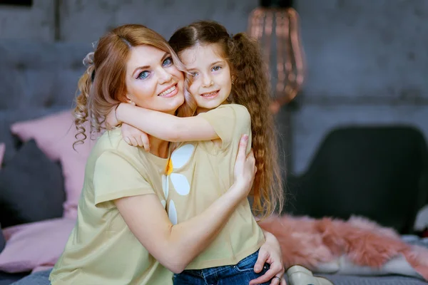 Portrait Little Preschool Girl Kid Piggyback Excited Young Mother Have — Stock Photo, Image