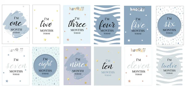 Milestone Boy Cards Cute Blue Grey Waves Stars Month Count — Stock Vector