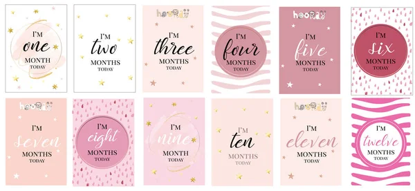 Marco Menina Cartões Bonito Rosa Estrelas Mês Contar Convite Bebê — Vetor de Stock