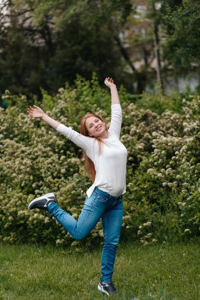 Happy Cheerful Woman Jumping Green Lawn — Stock Photo, Image