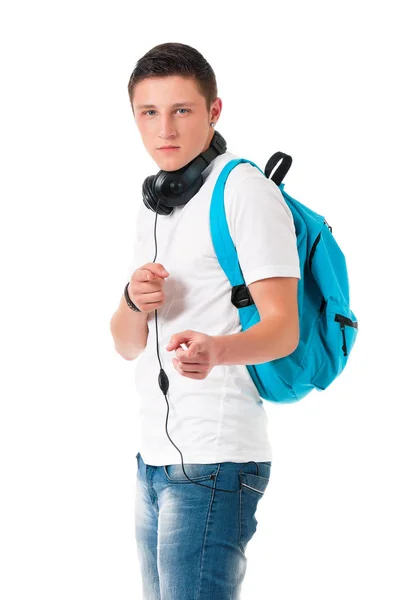 Öğrenci çocuk kulaklık ile — Stok fotoğraf