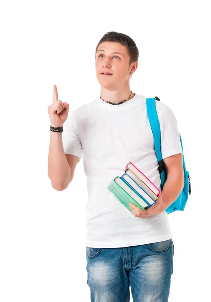Студентський хлопчик з книгами та рюкзаком — стокове фото