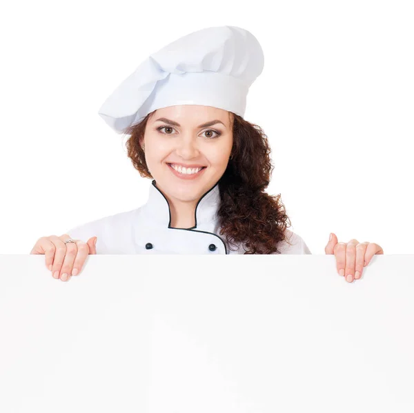 Vrouw koken met wit leeg bord — Stockfoto