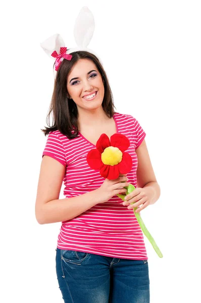 Girl with rabbit ears and flower — Stock Photo, Image