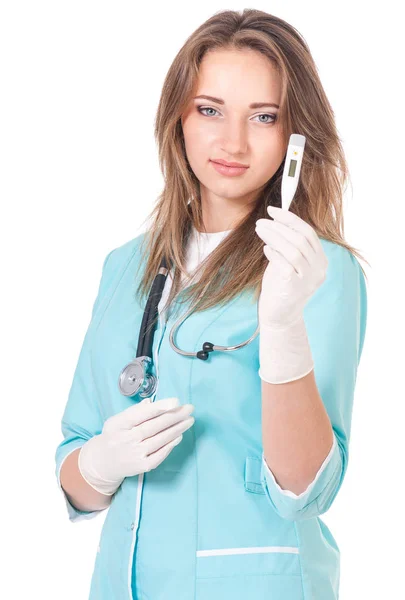Vrouwelijke arts op wit — Stockfoto