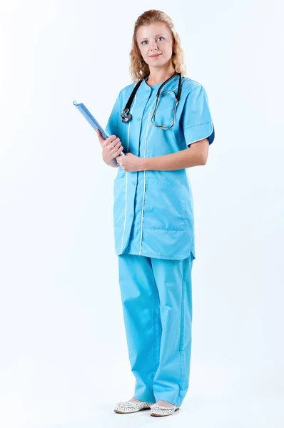 Female doctor on white Stock Photo