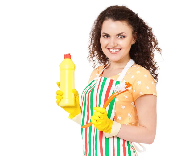 Housewife with cleaning supplies — Stock Photo, Image