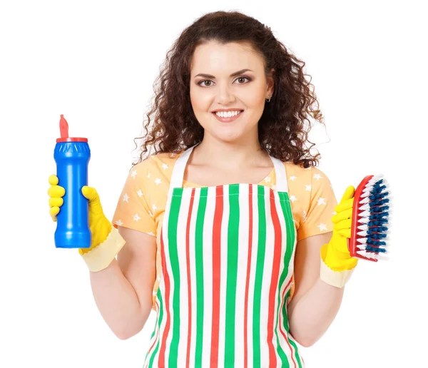 Dona de casa com suprimentos de limpeza — Fotografia de Stock