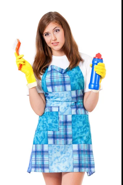 Housewife with cleaning supplies — Stock Photo, Image