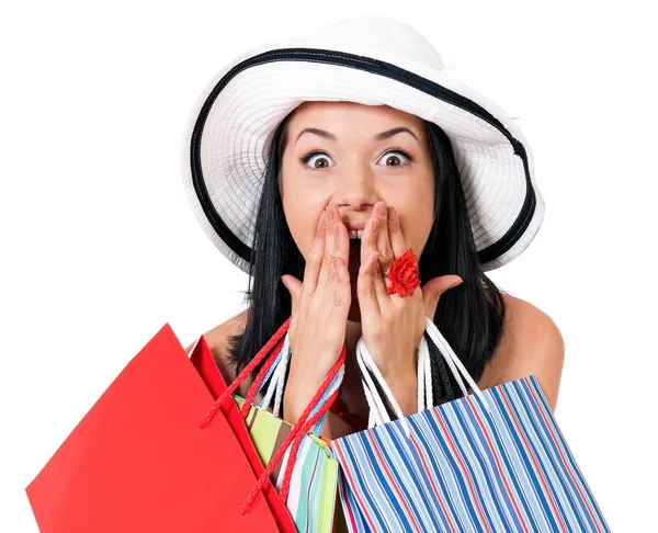 Shopping-Frau auf Weiß — Stockfoto