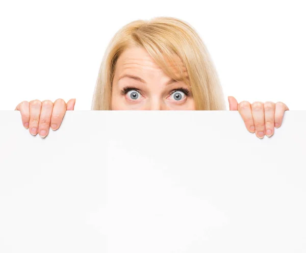 Woman with blank signboard — Stock Photo, Image