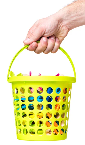 Hand hold bucket with clothespin — Stock Photo, Image