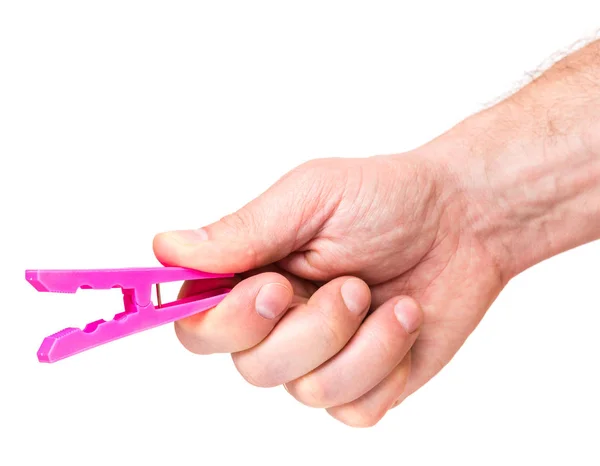 Hand with color clothespin — Stock Photo, Image