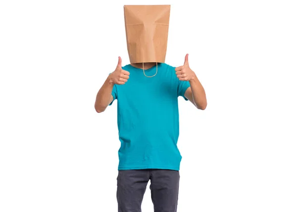 Pojke med papperspåse över huvudet — Stockfoto