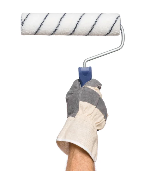 Hand with glove and paint roller — Stock Photo, Image