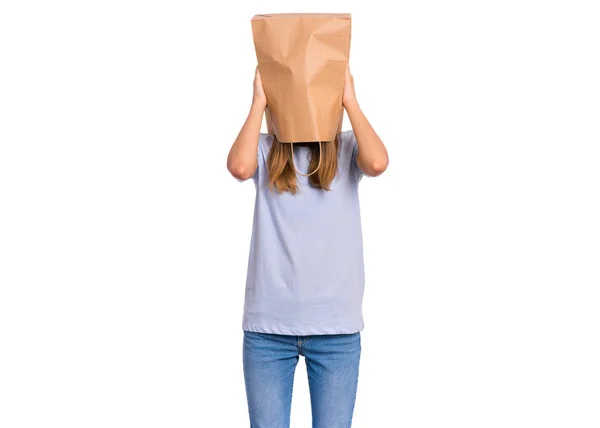 Girl with paper bag over head — Stock Photo, Image