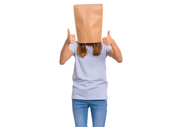 Girl with paper bag over head — Stock Photo, Image