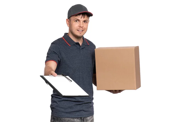 Entrega hombre en gorra en blanco — Foto de Stock