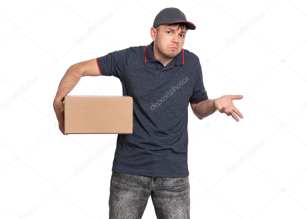 Delivery man in cap on white