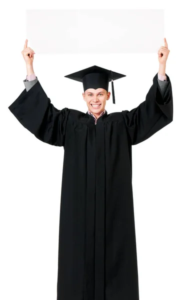 Feliz Estudiante Posgrado Masculino Con Panel Blanco Aislado Sobre Fondo — Foto de Stock