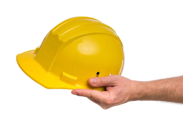 Mano Masculina Con Casco Seguridad Amarillo Mano Humana Sosteniendo Sombrero —  Fotos de Stock