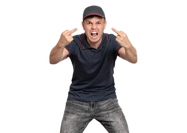 Retrato Homem Boné Gritando Mostrando Dedos Médios Isolado Sobre Fundo — Fotografia de Stock