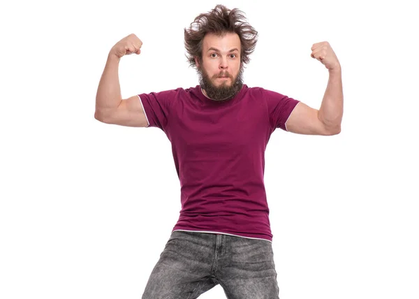 Crazy Bearded Man Funny Haircut Raised His Hands Shows Biceps — Stock Photo, Image