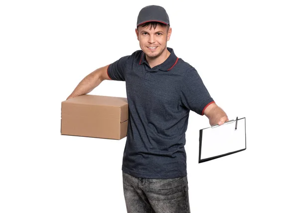 Retrato Entrega Homem Cap Segurando Caixa Papelão Área Transferência Com — Fotografia de Stock