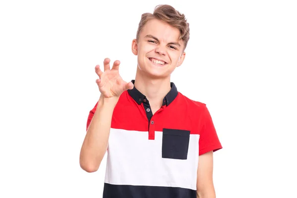 Engraçado Adolescente Tentando Assustar Alguém Com Mão Esticada Retrato Emocional — Fotografia de Stock