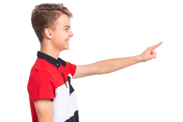 Retrato Del Adolescente Apuntando Con Dedo Hacia Espacio Copia Vista —  Fotos de Stock