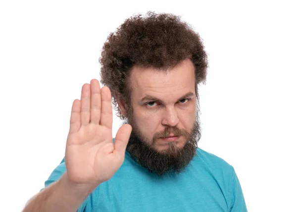 Portrait Bearded Man Funny Curly Hair Doing Stop Sign Palm — Stock Photo, Image