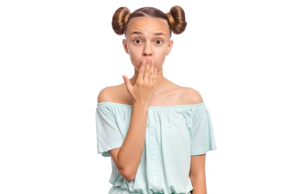 Retrato Menina Adolescente Surpreso Isolado Fundo Branco Criança Engraçada Olha — Fotografia de Stock