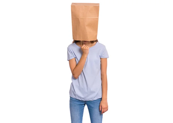 Portrait Teen Girl Paper Bag Head Teenager Cover Head Bag — Stock Photo, Image