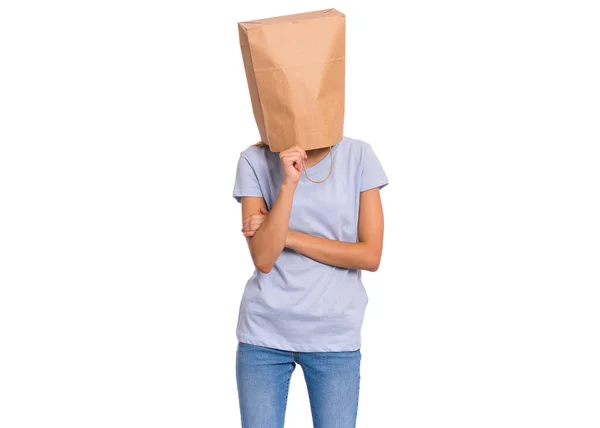 Pensive Teen Girl Paper Bag Head Thoughtful Teenager Cover Head — Stock Photo, Image