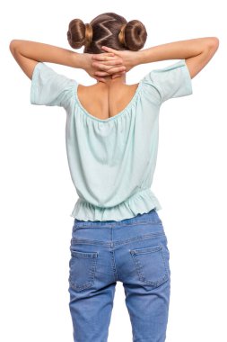 Rear view of portrait relaxing teen girl with hands behind head. Happy child enjoying dreaming, isolated on white background - back view. clipart