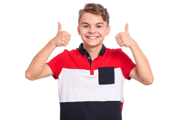 Retrato Adolescente Fazendo Gesto Polegar Para Cima Isolado Fundo Branco — Fotografia de Stock