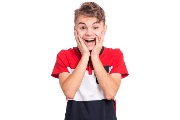 Portret Van Een Verraste Tienerjongen Geïsoleerd Een Witte Achtergrond Grappig — Stockfoto