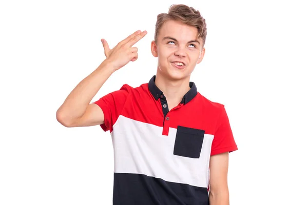 Portrait Displeased Teen Boy Doing Gun Gesture Caucasian Young Teenager — Stock Photo, Image