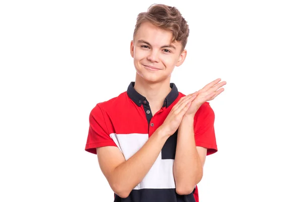 Emotional Portrait Caucasian Smiling Teen Boy Clapping Hands Handsome Funny — Stock Photo, Image