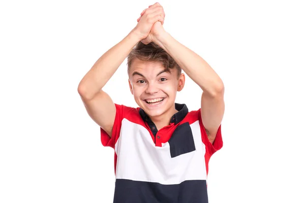 Retrato Menino Adolescente Feliz Animado Expressando Gesto Vencedor Vitória Bem — Fotografia de Stock