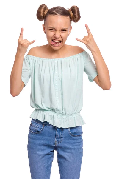 Αστείο Έφηβο Κορίτσι Κάνει Rock Gesture Απομονώνονται Λευκό Φόντο Τρελός — Φωτογραφία Αρχείου