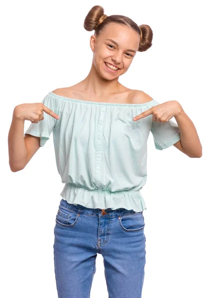 Retrato Menina Adolescente Apontando Isolado Fundo Branco Conceito Emoções Signos — Fotografia de Stock