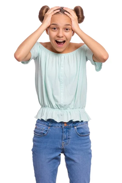 Portrait Surprised Teen Girl Isolated White Background Funny Child Looking — 图库照片