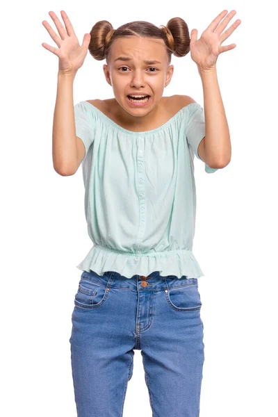 Πορτρέτο Του Έκπληκτος Σοκαρισμένος Έφηβος Κορίτσι Απομονώνονται Λευκό Φόντο Φοβισμένο — Φωτογραφία Αρχείου