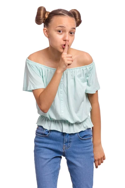 Tiener Meisje Vraagt Stil Zijn Met Vinger Lippen Geïsoleerd Witte — Stockfoto