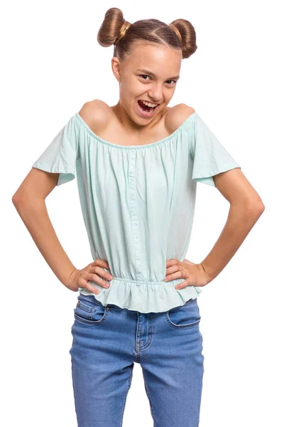 Retrato Menina Adolescente Feliz Com Penteado Engraçado Isolado Fundo Branco — Fotografia de Stock